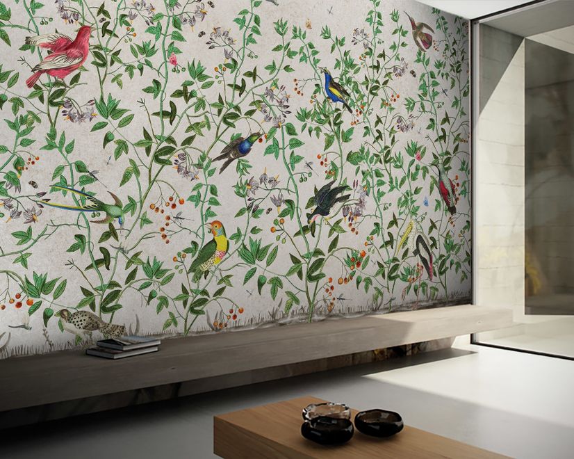 Tropical Green Leaves with Stork and Duck Wallpaper Mural