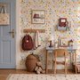 Spring floral wallpaper with pastel watercolour flowers and sage leaves on a clean white ground