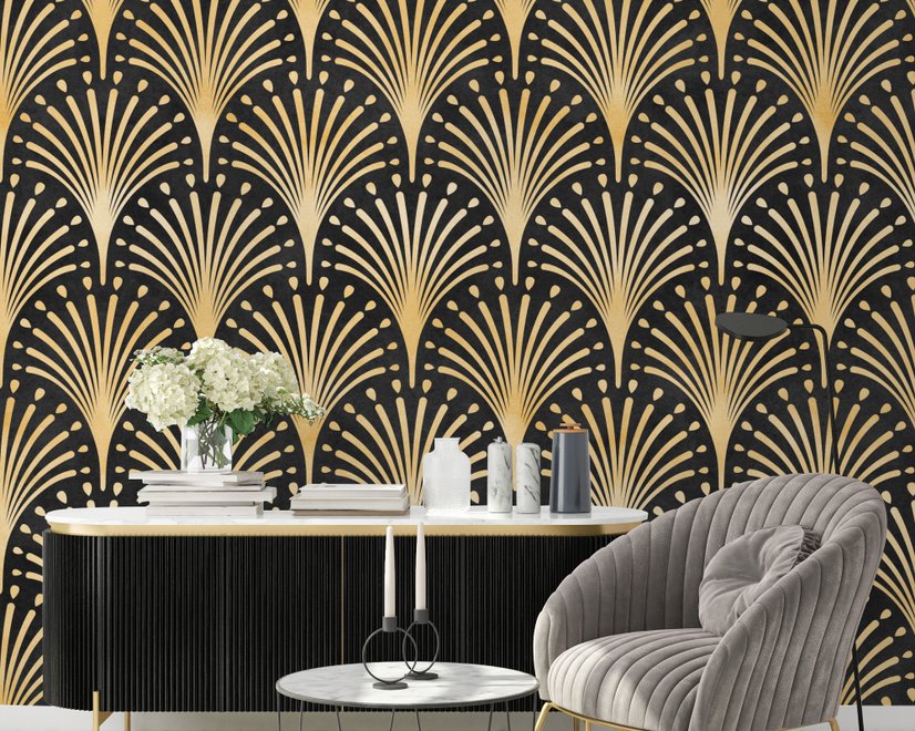 Moderne Eau De Nil Art Deco Goldene Linien Fototapete