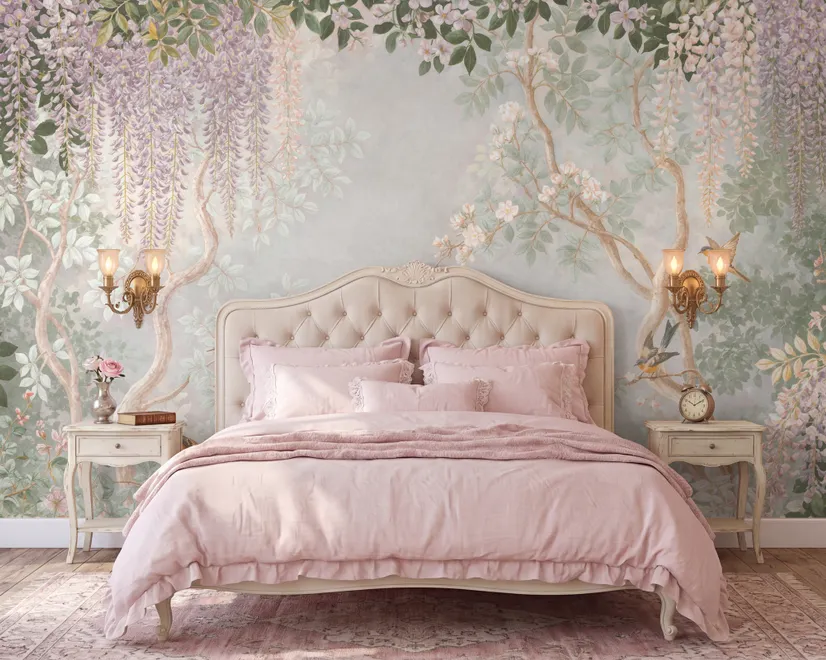 Watercolour nature wallpaper with lilac wisteria, pale trees, sage foliage and small songbirds around a misty clearing