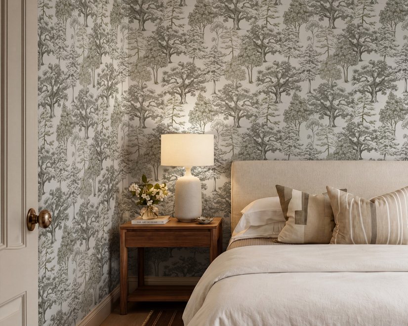 Monochrome wallpaper with grey tree toile on a clean white ground