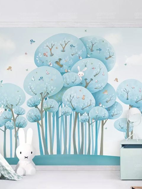 Papier peint panoramique paysage aquarelle forêt bleue dessin animé