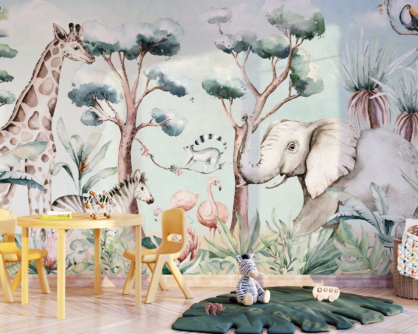 Kids Nursery Safari Animals and Flamingo in the Forest Wallpaper Mural