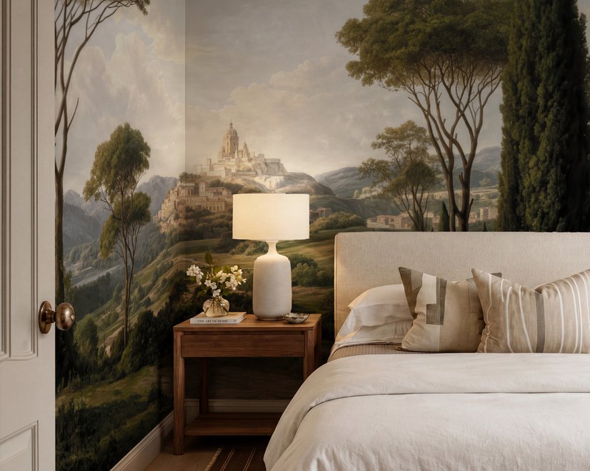 Vintage oil painting wallpaper of cypress trees, villas and a domed cathedral in an Italian landscape