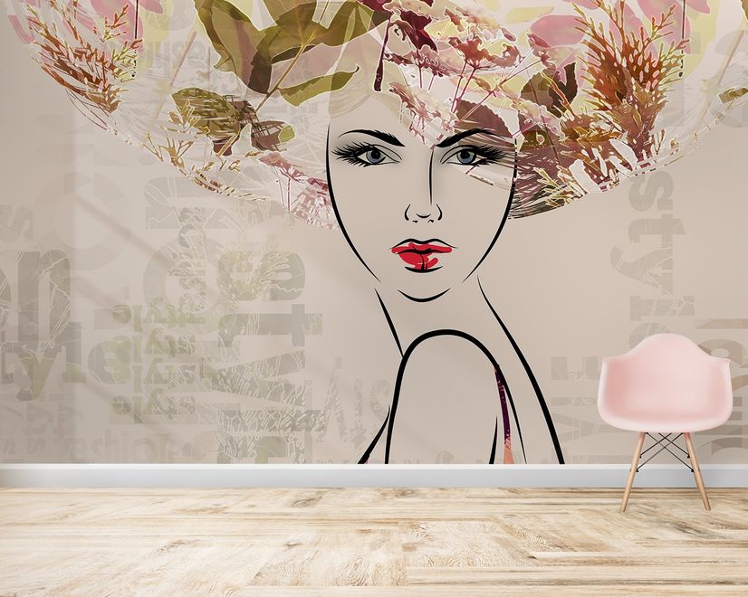 Woman Face Art with Winter Leaf Wallpaper Mural