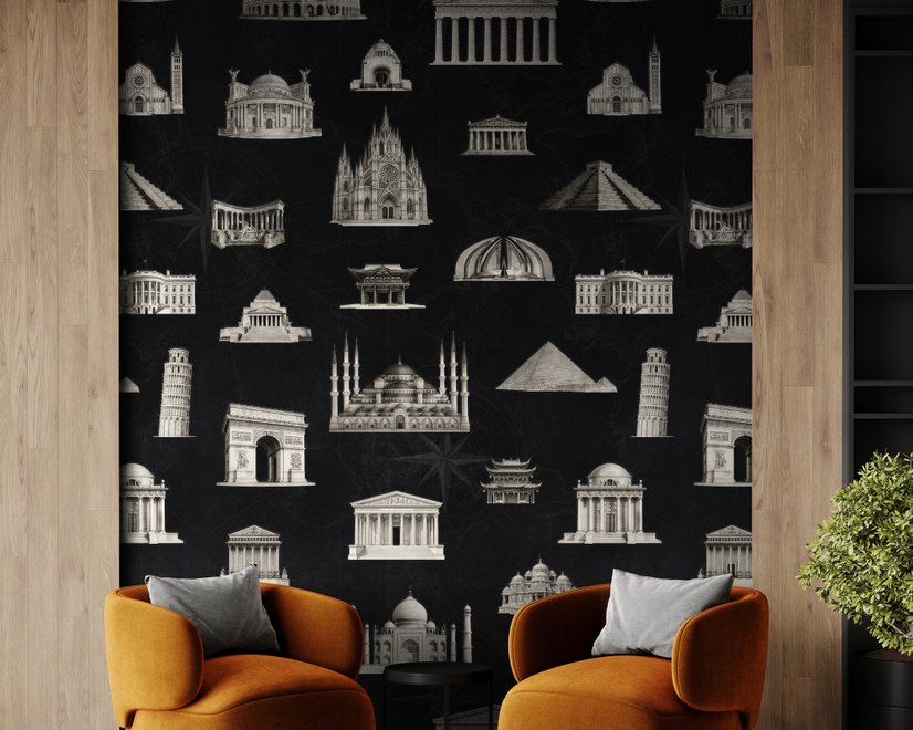 Vintage World Architecture Sketch Wallpaper Mural