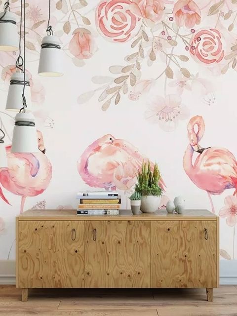 Pink Flamingo with Pink Flowers Wallpaper Mural