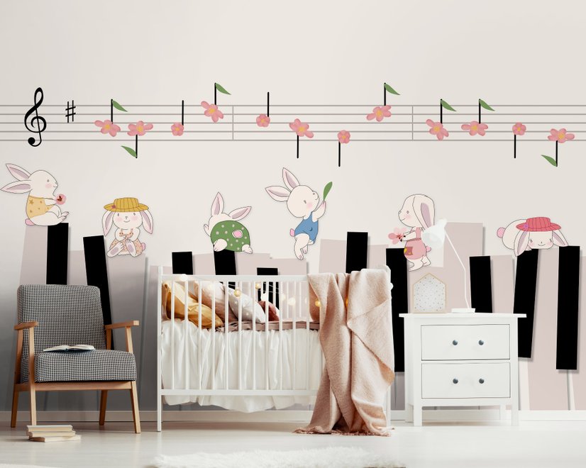 Cartoon Piano with Rabbits Wallpaper Mural