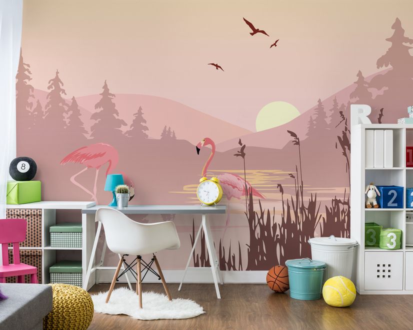Papier peint paysage rose au lever du soleil avec des flamants roses