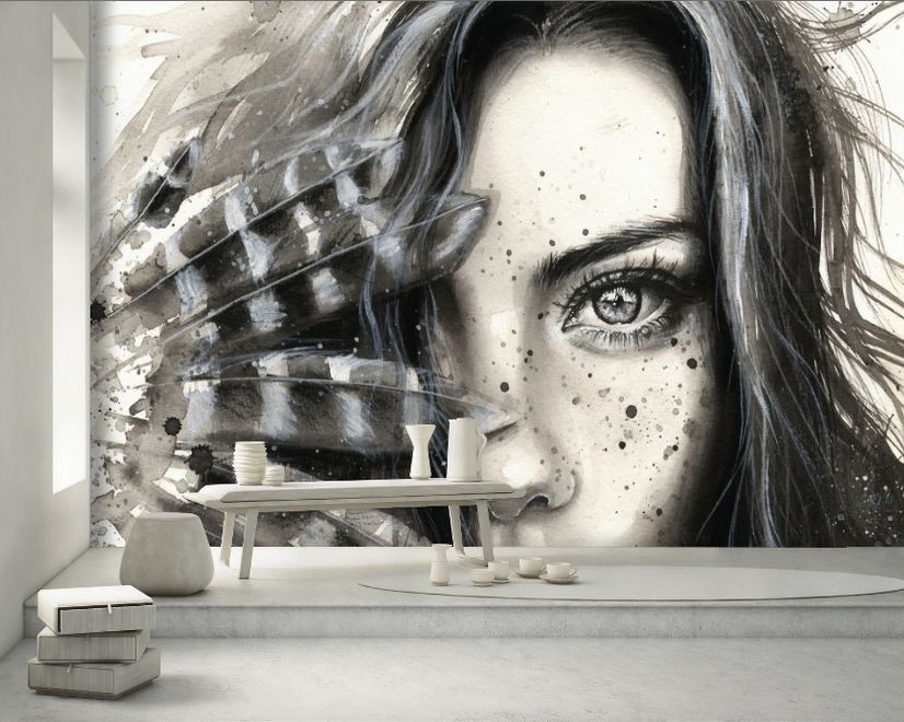 Monochrome Portrait Girl with Black Feathers Wallpaper Mural