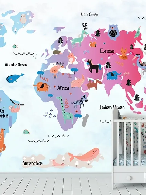 Colorful World Map with Cartoon Animals Wallpaper Mural