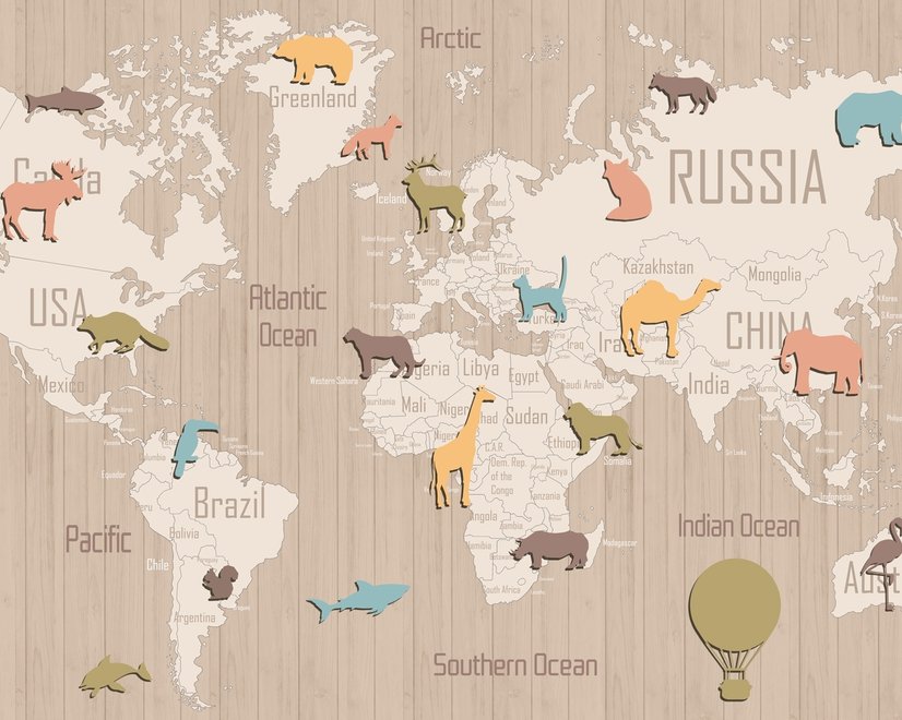 Papier peint carte monde bois silhouettes animaux colorées enfants