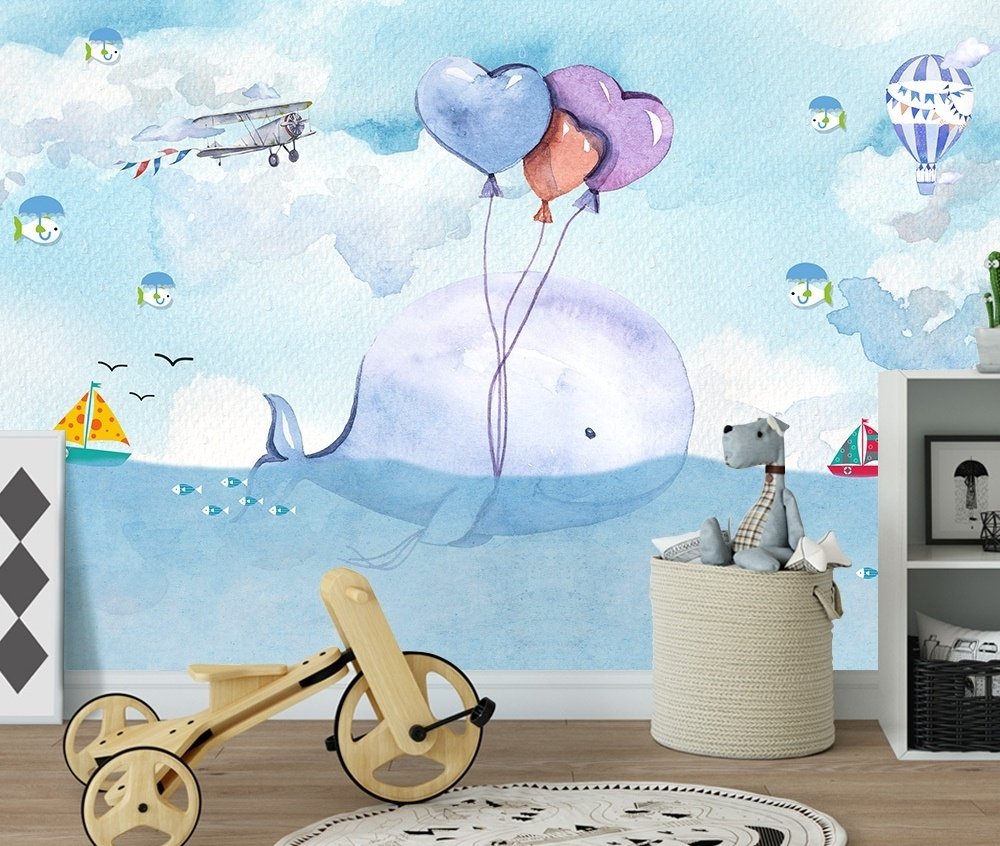 Cartoon Whale Sea Landscape Wallpaper Mural - Peel and Stick