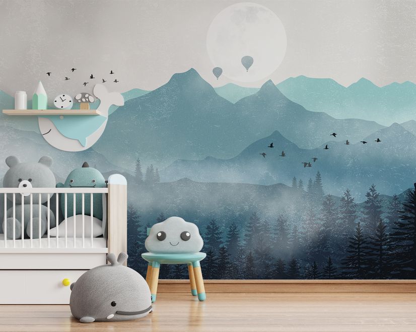 Misty Mountain Landscape with Moon Wallpaper Mural