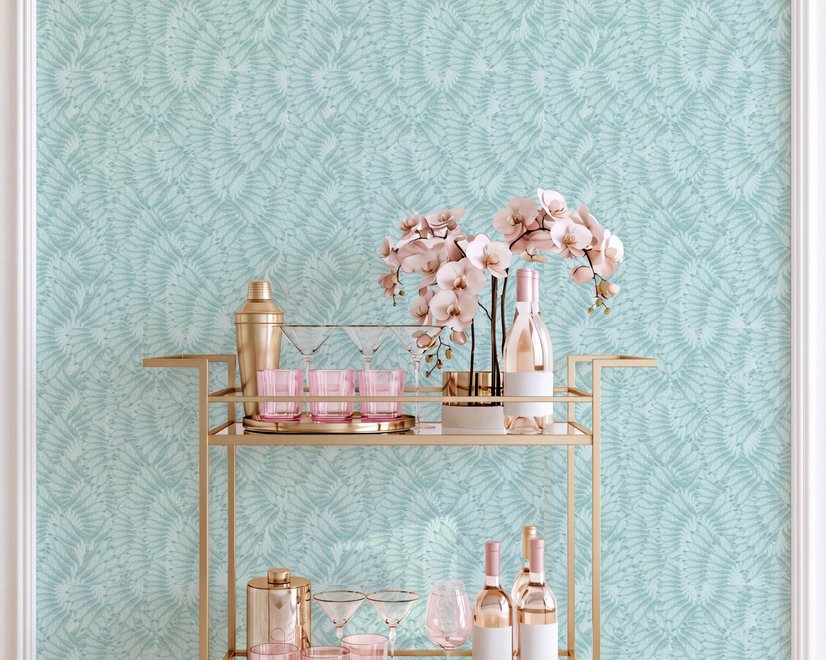 Aqua fern wallpaper with overlapping icy blue palm fronds on a pale aqua ground