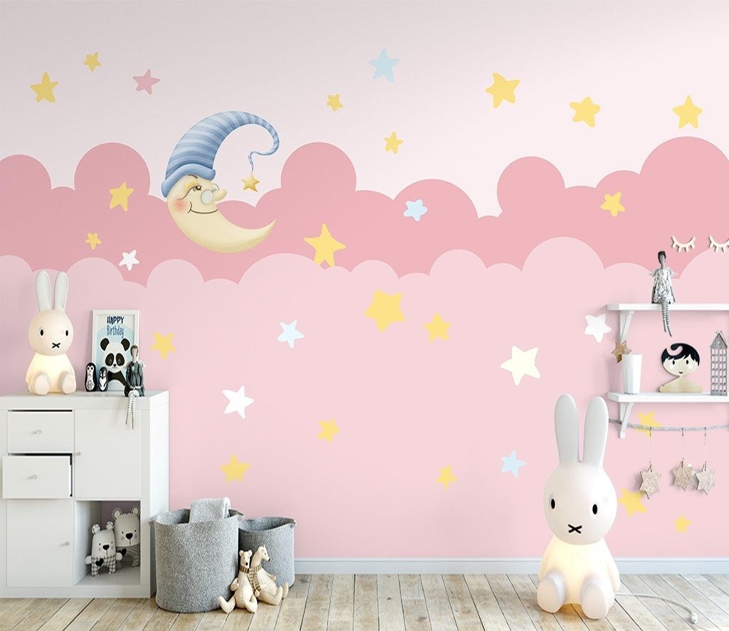Kids Girls Pink Night with Sleeping Moon Wallpaper Mural - Peel and Stick