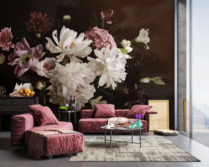 Dark Peony Floral Bouquet Wallpaper Mural