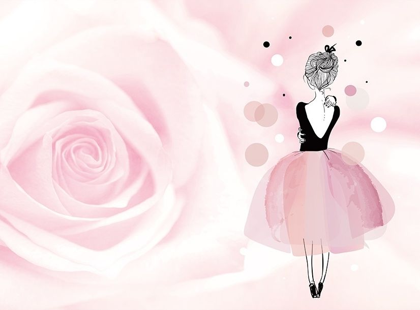 Ballerina Girl and Pink Roses Wallpaper Mural