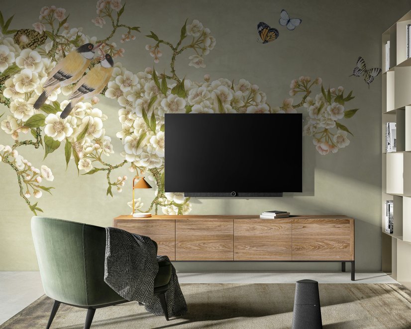 Papier peint panoramique art floral bégonia crème