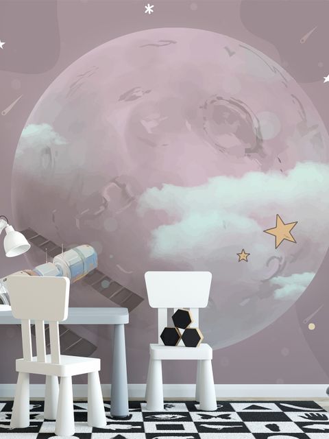 Fototapete mit Cartoon-Planeten und Sternen im Weltraum