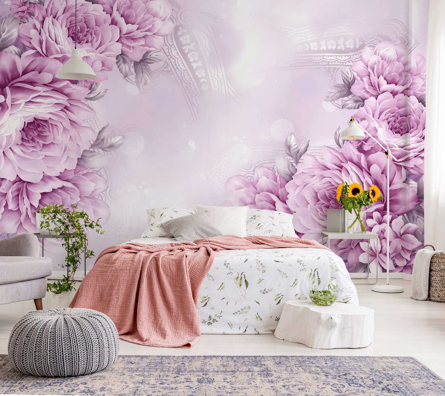Drawn Pink Peony Floral Wallpaper Mural - Peel and Stick
