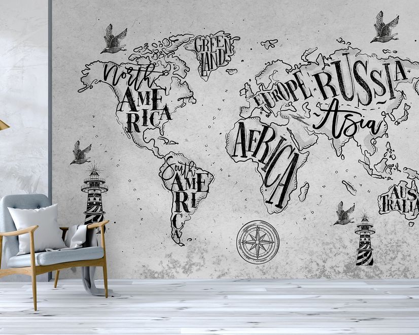 Vintage Charcoal World Map Wallpaper Mural