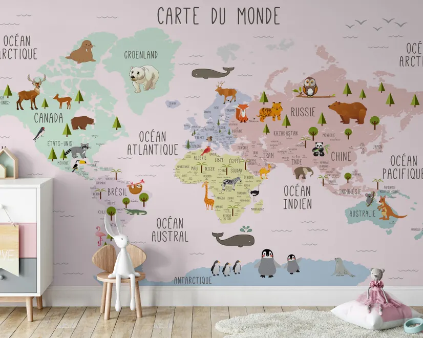  Carte éducatif en Français - Papier peint carte du monde éducative avec animaux pour enfants et bébé
