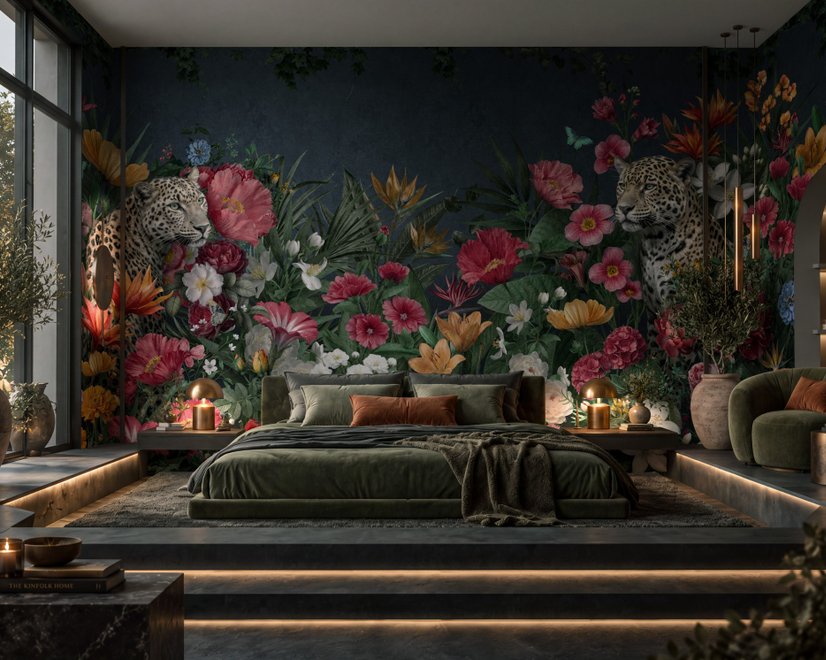 Elegant Tropical Botanical Floral and Leopard Wallpaper 