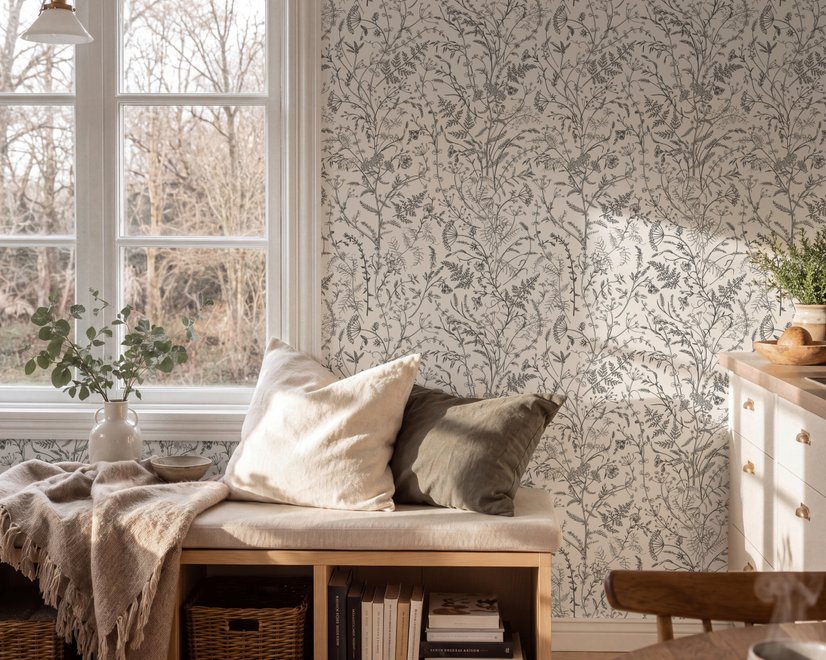 Black outline botanical wallpaper with charcoal wildflowers and grasses on a warm ivory cream ground