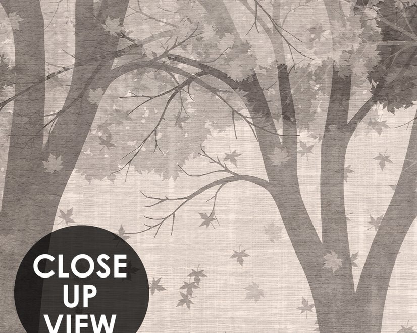 Misty forest nature wallpaper mural in greige, taupe and charcoal watercolour with birds