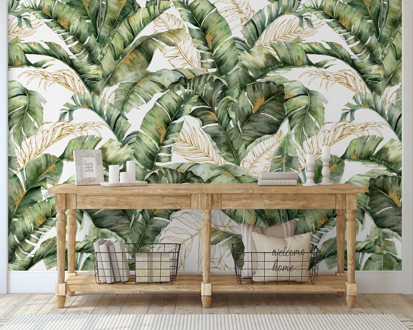 Watercolor Tropical Banana Leaf with Faux Gold Details Wallpaper Mural