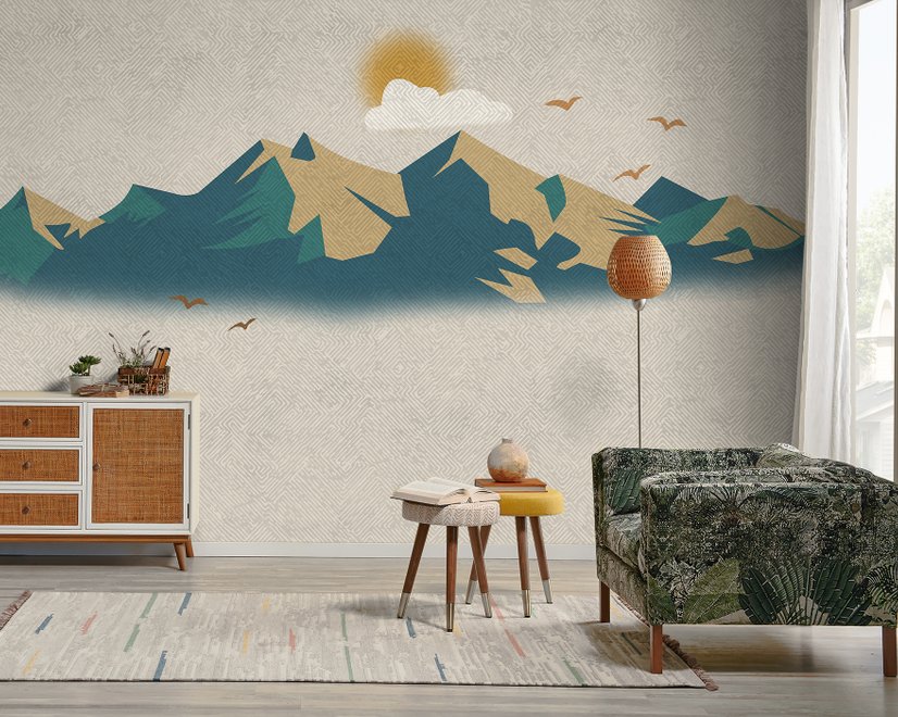 Fototapete mit Berglandschaft bei Sonnenaufgang und alter Karo-Textur