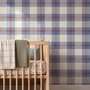 Blue and red plaid wallpaper with denim blue, cream and sky blue woven checks and fine red stripes