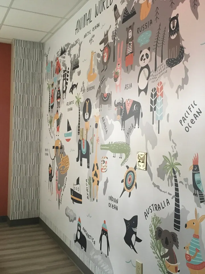 World Map with Cartoon Animals  Kids Wallpaper Mural