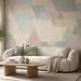 Pastel abstract wallpaper with overlapping sky blue, blush, cream, sage and grey textured triangles