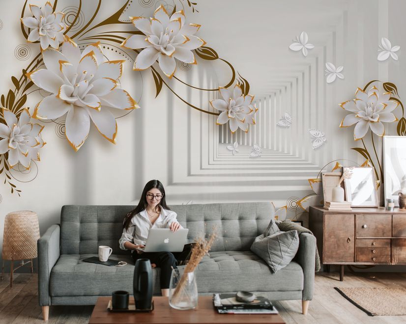 Lily Floral with Abstract Corridor Wallpaper Mural