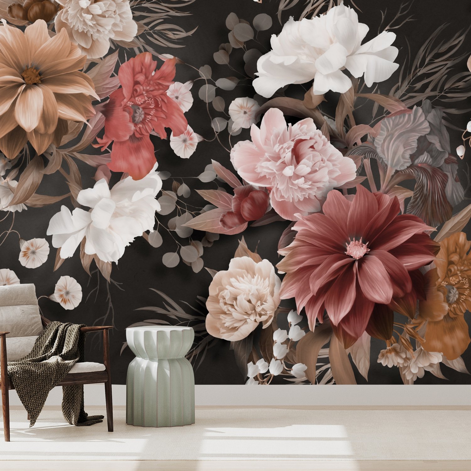 Realistic Dark Floral Wallpaper Mural - Peel and Stick