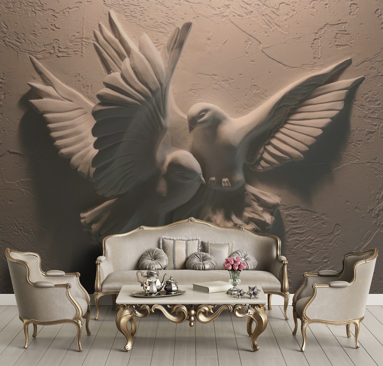 3D Embossed Look Cement Pigeons Wallpaper Mural - Peel and Stick