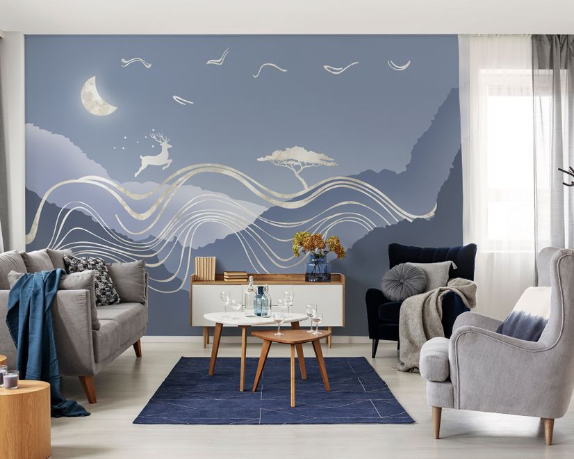 Watercolor Abstract Lines and Horned Deer Wallpaper Mural
