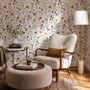 Cute spring wallpaper with pressed ivory, pink, blue and yellow wildflowers on a white ground