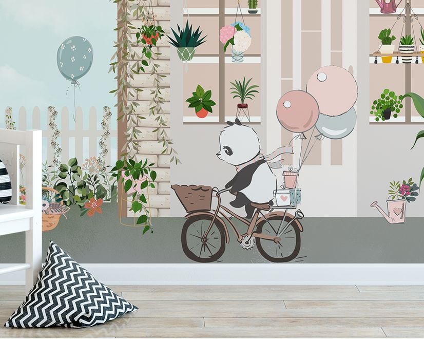 Panda Bear with Balloons  in front of Floral Garden Home Kids Wallpaper Mural