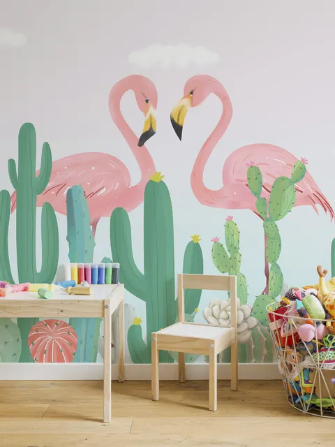 Papier peint couple de flamants roses avec cactus