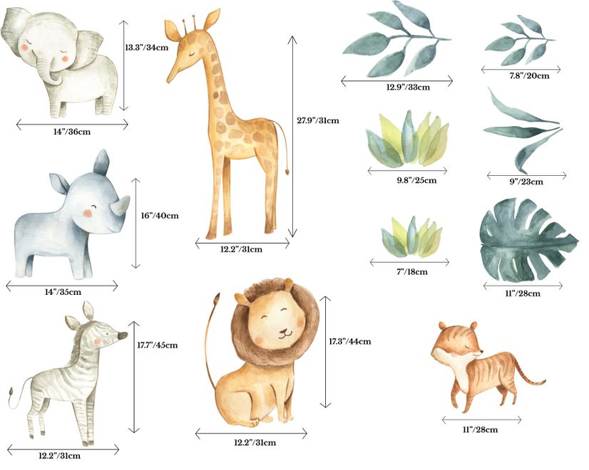 Kinder Aquarell Safari Tiere mit Tropischen Blättern Wandtattoo