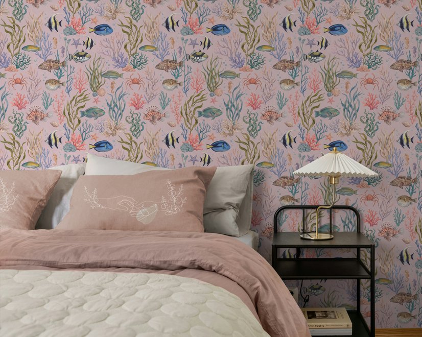 Cute pink seashell wallpaper with watercolour reef fish, coral, seaweed, starfish and shells on blush pink