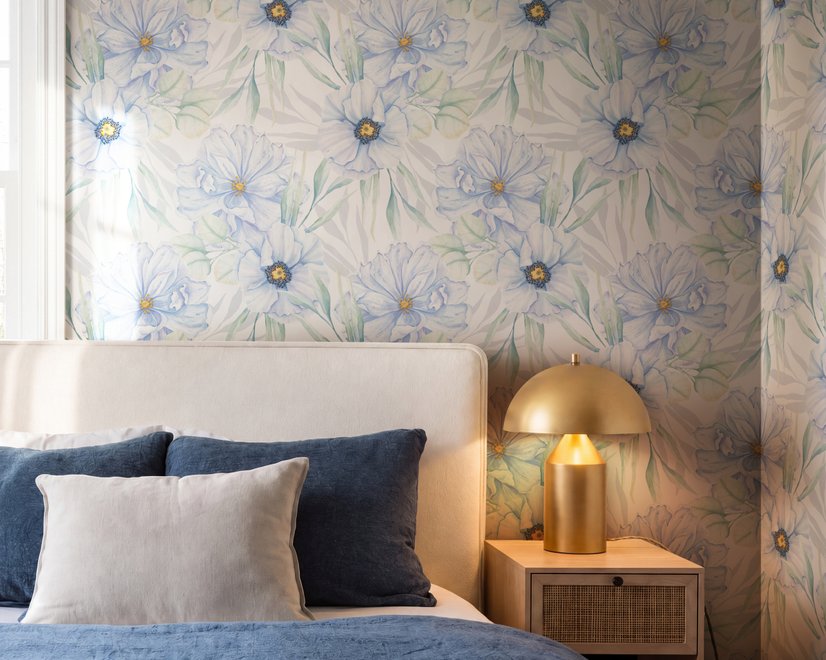 Blue floral wallpaper with watercolour anemone blooms, mint sage leaves and yellow ochre centres on white
