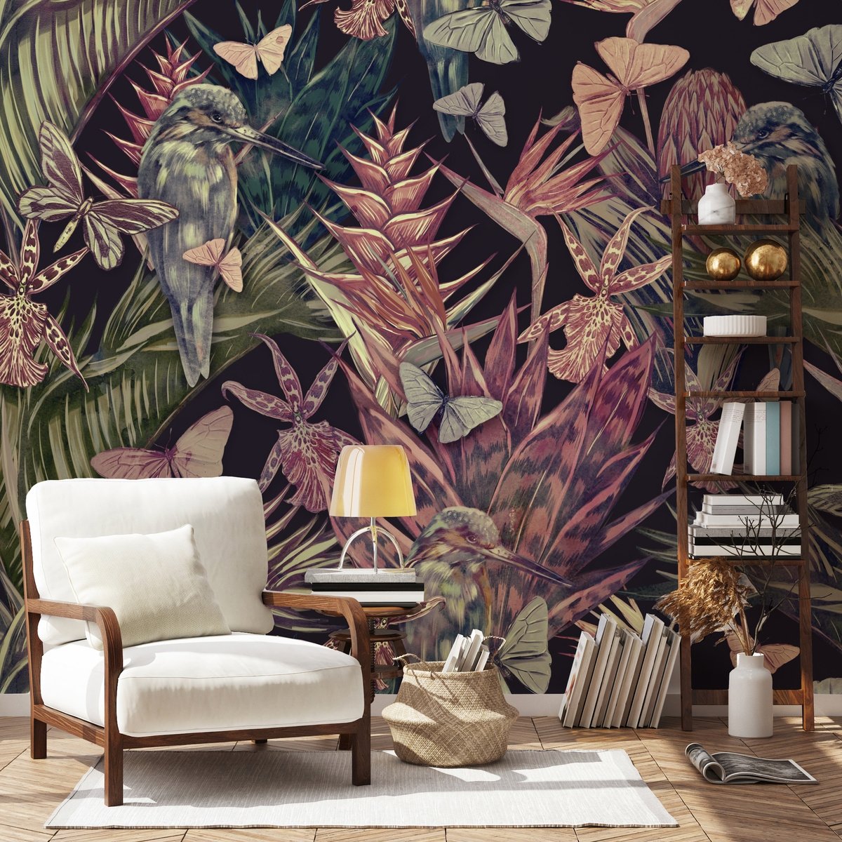 Tropical Birds on Branch with Butterflies Wallpaper Mural - Peel and Stick