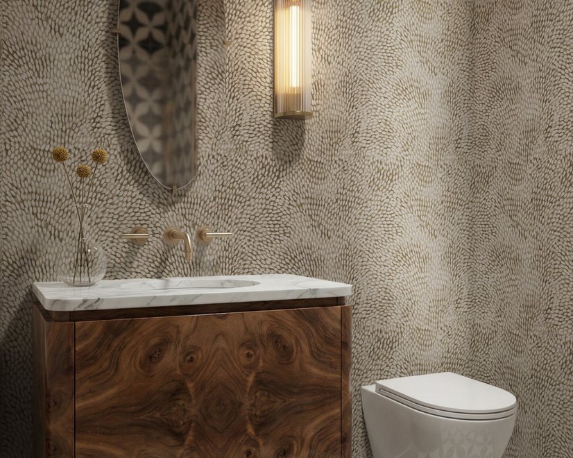 Abstract taupe and greige wallpaper with creamy white oval brush marks in flowing currents