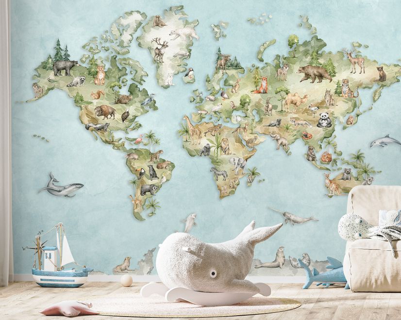Watercolor Kids World Map with Soft Animals Wallpaper Mural