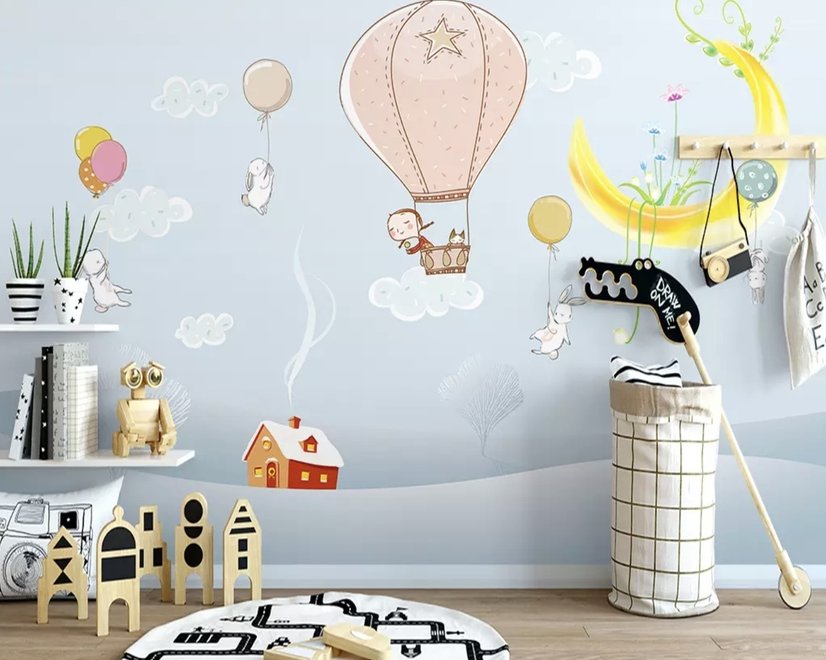 Papier peint panoramique paysage d'hiver et lapins volants dessin animé