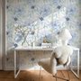 Blue floral wallpaper with watercolour anemone blooms, mint sage leaves and yellow ochre centres on white